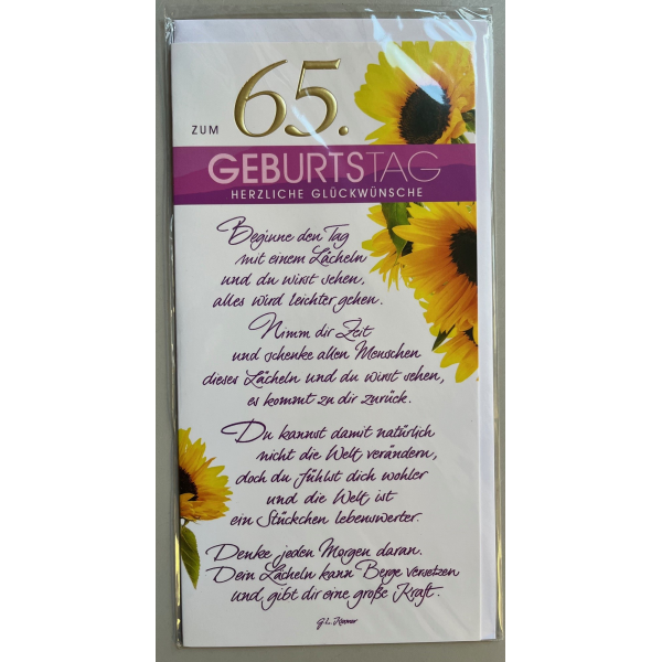 65. Geburtstag Glückwunschkarte lang mit Umschlag - Lächeln Zeit Spruch