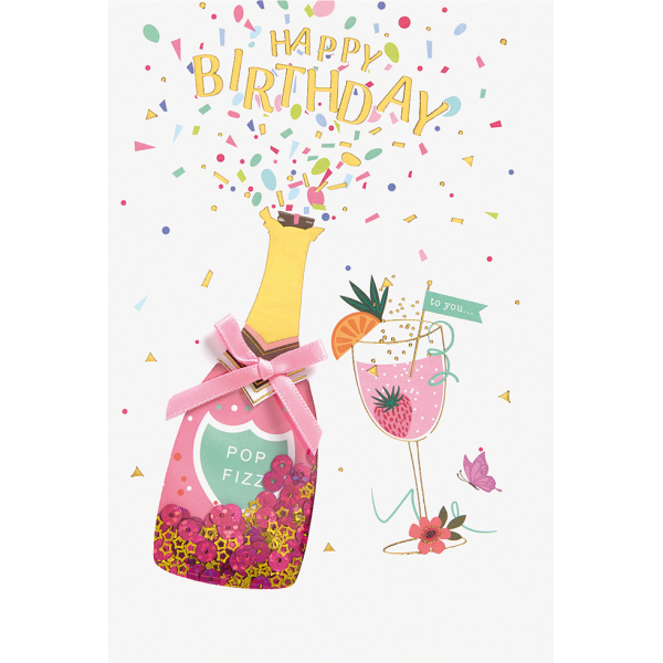 Geburtstagskarte Mit Sektglas & Goldenen Ballons – DIN A6, Inkl. Umschlag