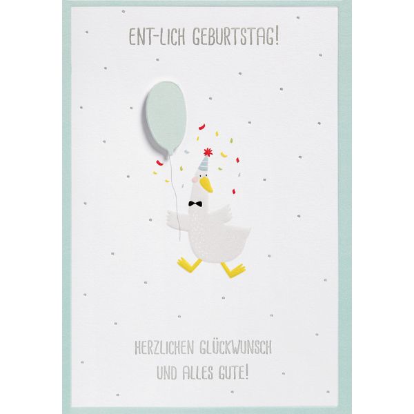Geburtstag Karte mit Umschlag, unverpackt, Luftballon Konfetti Ente