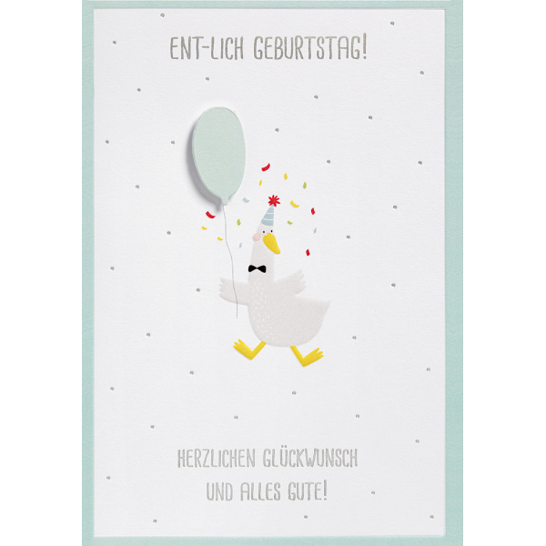 Geburtstag Karte mit Umschlag, unverpackt, Luftballon Konfetti Ente