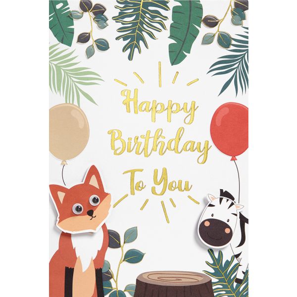 Geburtstag Karte mit Umschlag,  Fuchs Zebra Luftballons Kindergeburtstag Happy Birthday