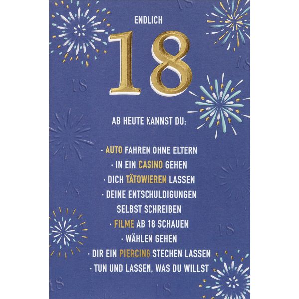 18. Geburtstag Karte mit Umschlag, unverpackt, Endlich 18! Ab heute kannst du: