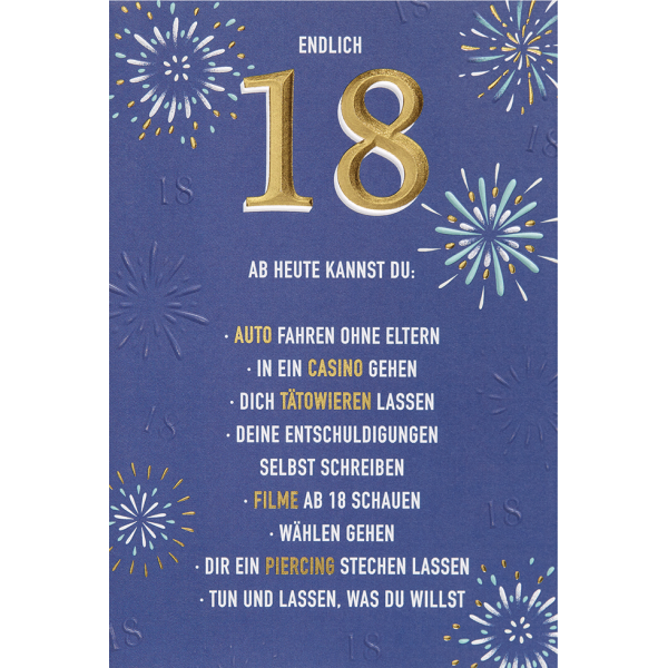 18. Geburtstag Karte mit Umschlag, unverpackt, Endlich 18! Ab heute kannst du: