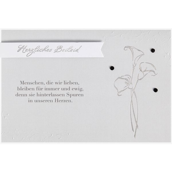 Trauer Beileid Kondolenz Karte mit Umschlag, unverpackt, Herzliches Beileid Blumen silberne Metallicfolie