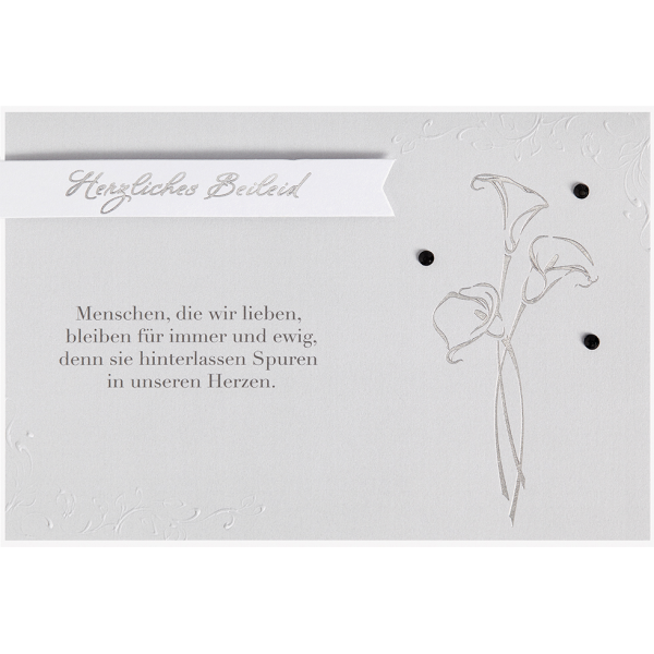 Trauer Beileid Kondolenz Karte mit Umschlag, unverpackt, Herzliches Beileid Blumen silberne Metallicfolie