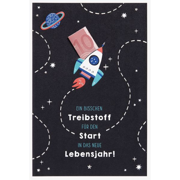 Geburtstag Geldkarte Karte mit Umschlag, unverpackt, Weltall Rakete Treibstoff für den Start