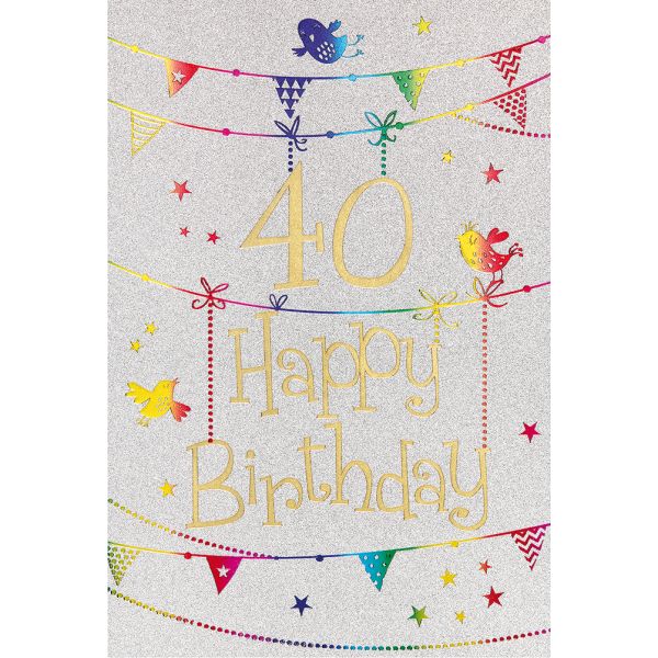 40. Geburtstag Karte mit Umschlag, Glitter, Glitzer Girlande Vogel Happy Birthday