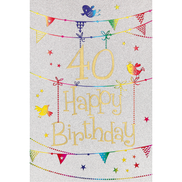 40. Geburtstag Karte mit Umschlag, Glitter, Glitzer Girlande Vogel Happy Birthday