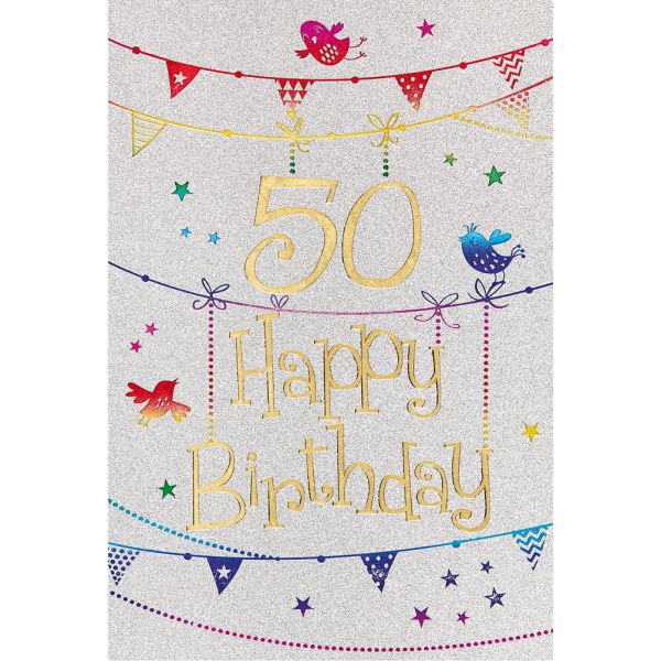 50. Geburtstag Karte mit Umschlag, Glitter, Glitzer Girlande Vogel Happy Birthday