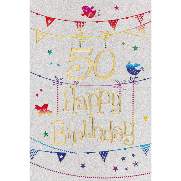 50. Geburtstag Karte mit Umschlag, Glitter, Glitzer Girlande Vogel Happy Birthday