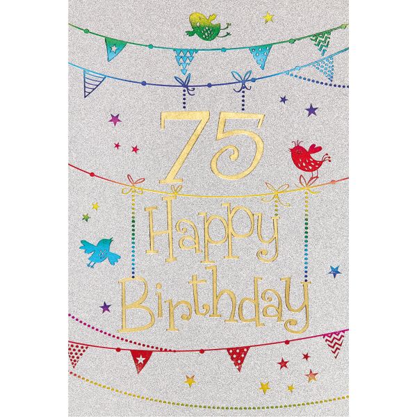 75. Geburtstag Karte mit Umschlag, Glitter, Glitzer Girlande Vogel Happy Birthday