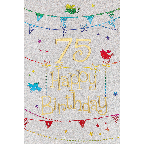 75. Geburtstag Karte mit Umschlag, Glitter, Glitzer Girlande Vogel Happy Birthday