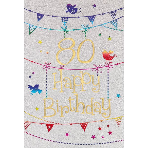 80. Geburtstag Karte mit Umschlag, Glitter, Glitzer Girlande Vogel Happy Birthday