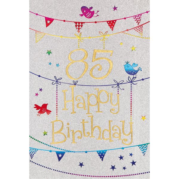 85. Geburtstag Karte mit Umschlag, Glitter, Glitzer Girlande Vogel Happy Birthday