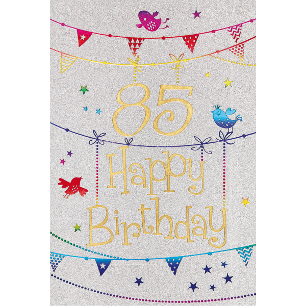 85. Geburtstag Karte mit Umschlag, Glitter, Glitzer Girlande Vogel Happy Birthday