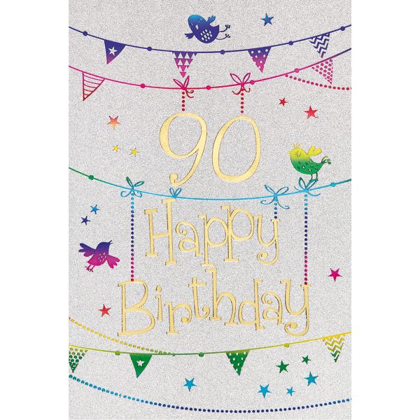 90. Geburtstag Karte mit Umschlag, Glitter, Glitzer Girlande Vogel Happy Birthday
