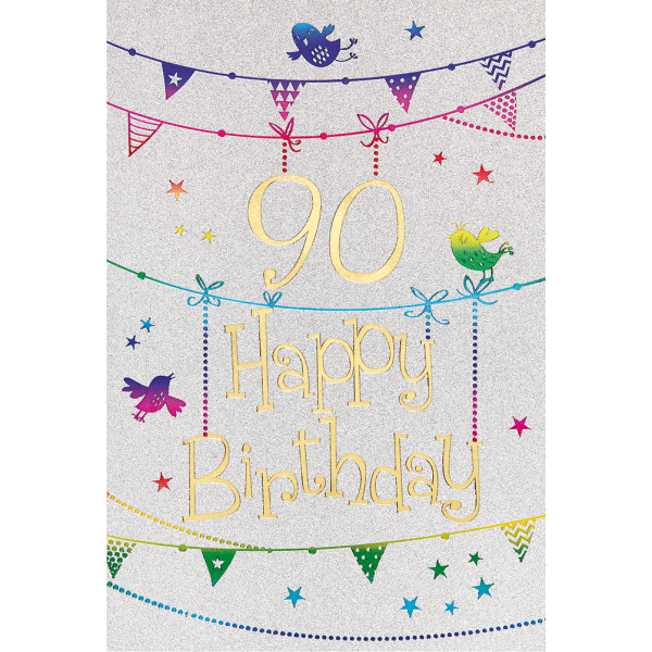 90. Geburtstag Karte mit Umschlag, Glitter, Glitzer Girlande Vogel Happy Birthday