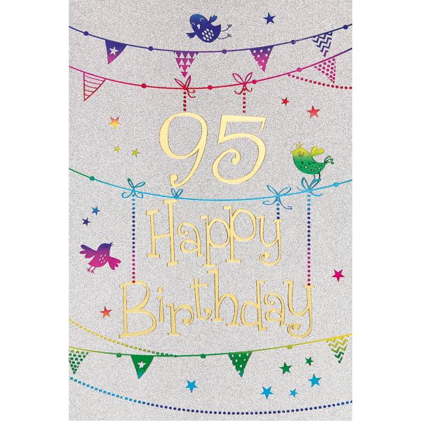 95. Geburtstag Karte mit Umschlag, Glitter, Glitzer Girlande Vogel Happy Birthday