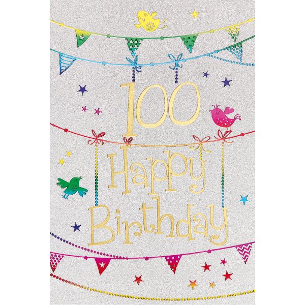 100. Geburtstag Karte mit Umschlag, Glitter, Glitzer Girlande Vogel Happy Birthday
