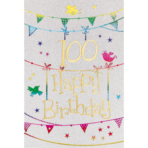 100. Geburtstag Karte mit Umschlag, Glitter, Glitzer Girlande Vogel Happy Birthday