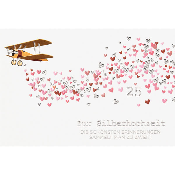 Silberhochzeit Karte mit Umschlag, unverpackt, Flugzeug Herzen 25