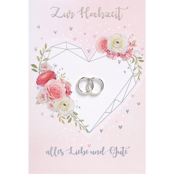 Hochzeit Karte mit Umschlag,  Herz Blumen Ringe