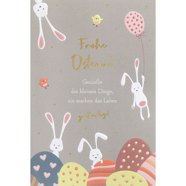 Ostern Karte mit Umschlag, unverpackt, Hase Eier Luftballon Küken