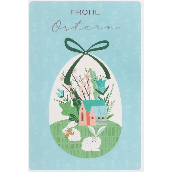 Ostern Karte mit Umschlag, unverpackt, Ei Haus Hase Blumen