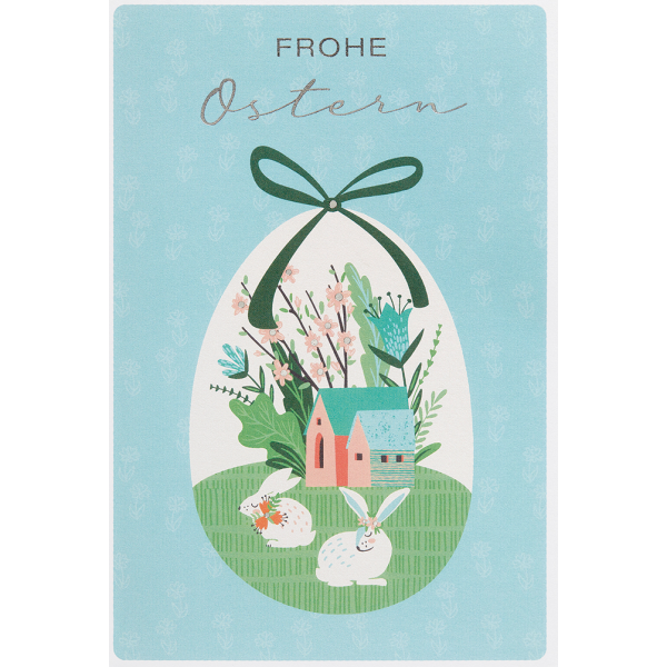 Ostern Karte mit Umschlag, unverpackt, Ei Haus Hase Blumen