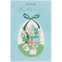 Ostern Karte mit Umschlag, unverpackt, Ei Haus Hase Blumen