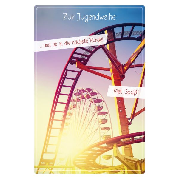 Jugendweihe Karte mit Umschlag, unverpackt, Achterbahn Riesenrad nächste Runde