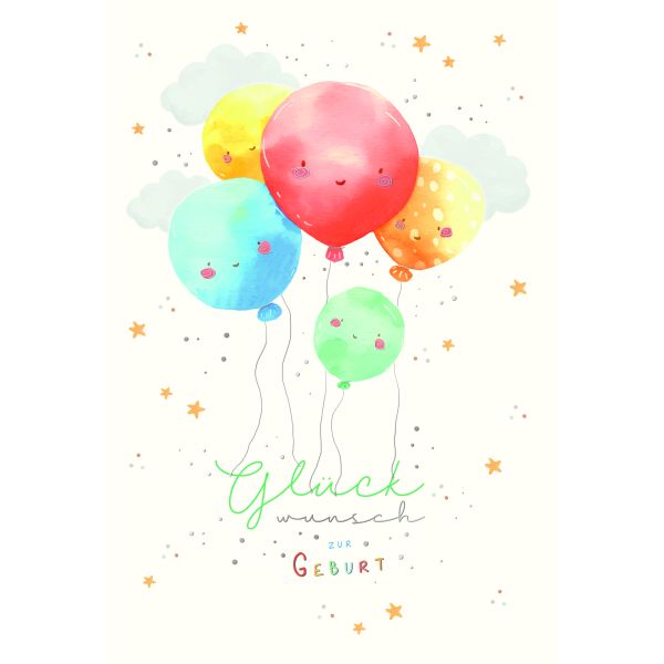 Geburt Baby Freudiges Ereignis  Karte mit Briefumschlag Bunte Luftballons Sterne