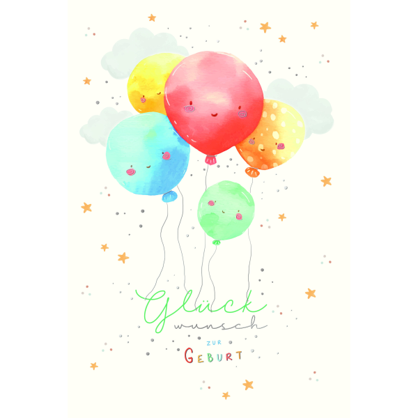 Geburt Baby Freudiges Ereignis  Karte mit Briefumschlag Bunte Luftballons Sterne
