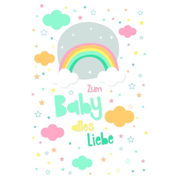 Geburt Baby Freudiges Ereignis  Karte mit Briefumschlag Regenbogen, Wolken, Sterne