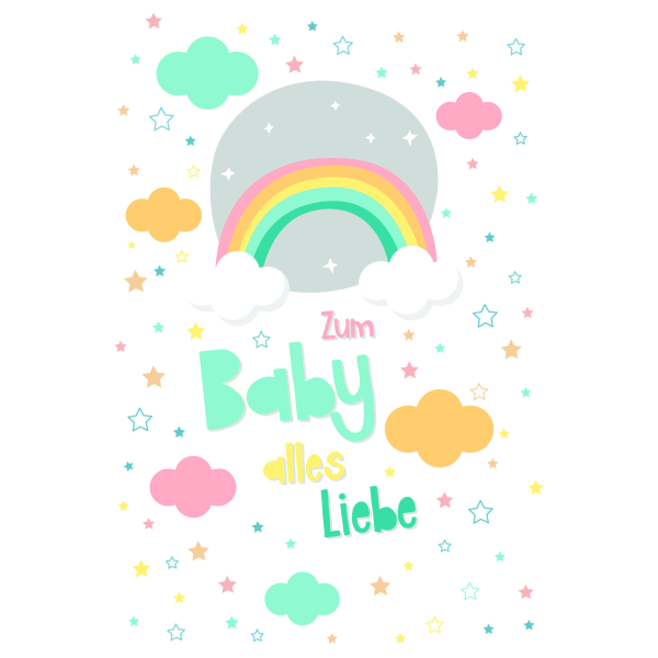 Geburt Baby Freudiges Ereignis  Karte mit Briefumschlag Regenbogen, Wolken, Sterne
