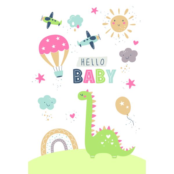 Geburt Baby Freudiges Ereignis  Karte mit Briefumschlag Dinosaurier, Heißluftballon, Flugzeuge, Sonne, Wolken, Sterne