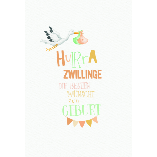 Geburt Zwillinge Baby Freudiges Ereignis Karte mit Briefumschlag Storch mit Beuel, Hurra Zwillinge