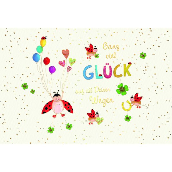 Allgemeine Wünsche Skorpions Art Karte „Ganz viel Glück“ mit Umschlag, Marienkäfer, Luftballons, Herzen, Hufeisen, Kleeblätter