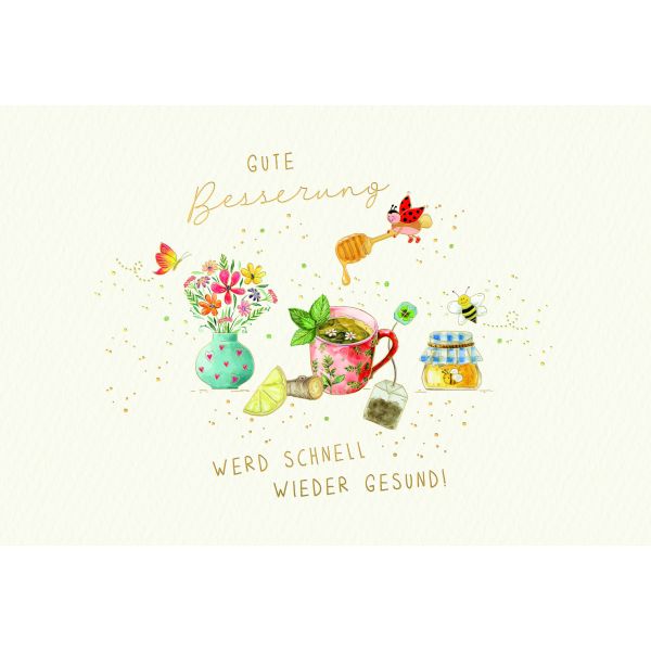 Genesung Skorpions Art Karte mit Briefumschlag Gute Besserung, Honig. Marienkäfer, Biene, Blumen, Tee