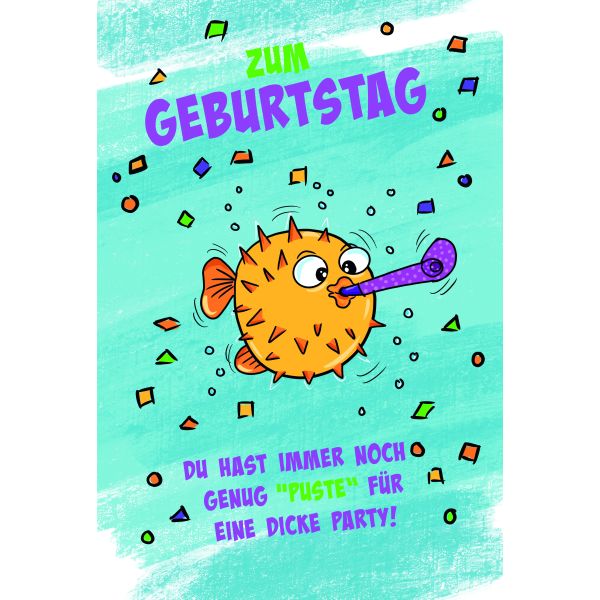 Geburtstag Humor Karte mit Briefumschlag Kugelfisch mit Tröte