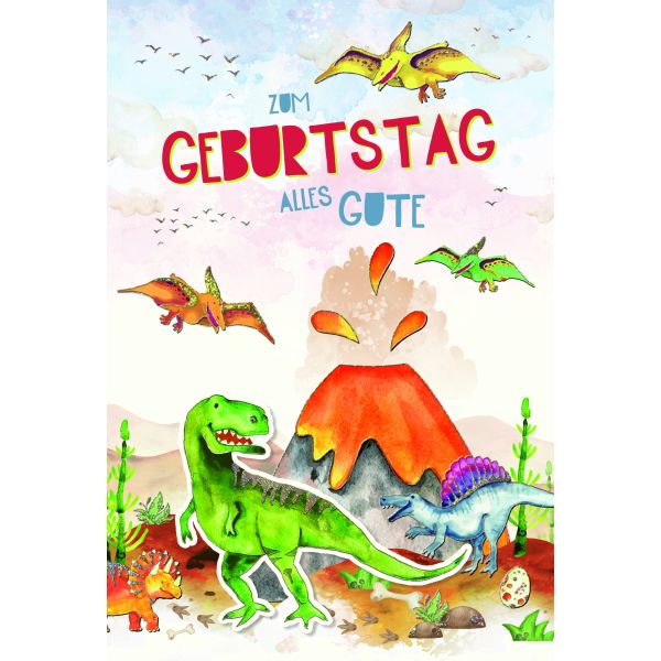 Kindergeburtstag  Karte mit Briefumschlag Dinosaurier mit Vulkan