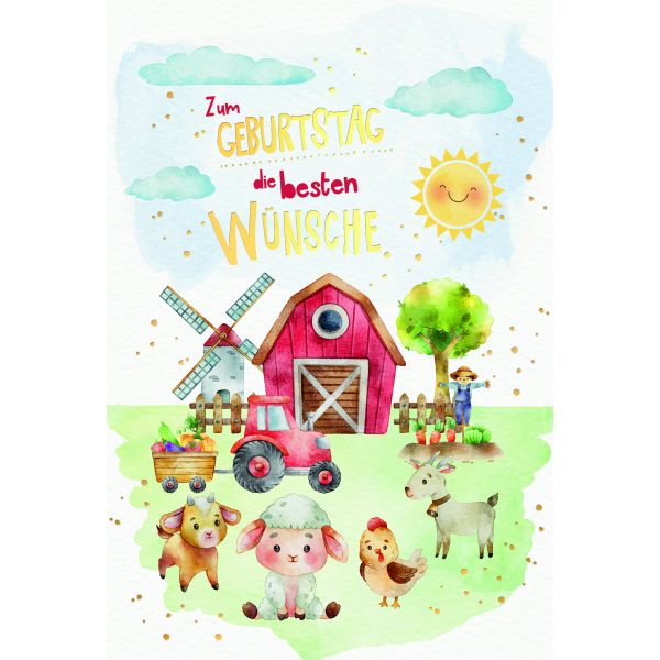 Kindergeburtstag  Karte mit Briefumschlag Bauernhof, Farm, Tiere, Trecker, Schaf