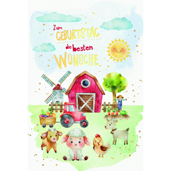 Kindergeburtstag  Karte mit Briefumschlag Bauernhof, Farm, Tiere, Trecker, Schaf