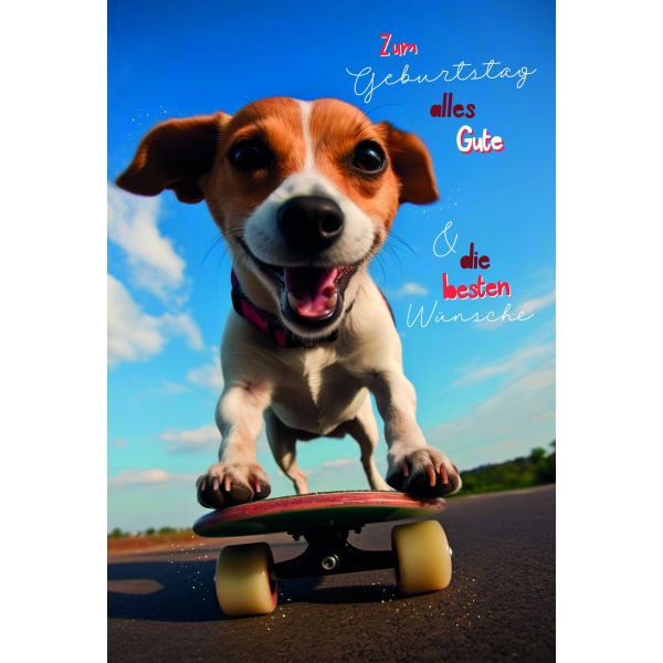 Geburtstag  Karte mit Briefumschlag Hund auf Skateboard
