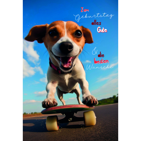 Geburtstag  Karte mit Briefumschlag Hund auf Skateboard