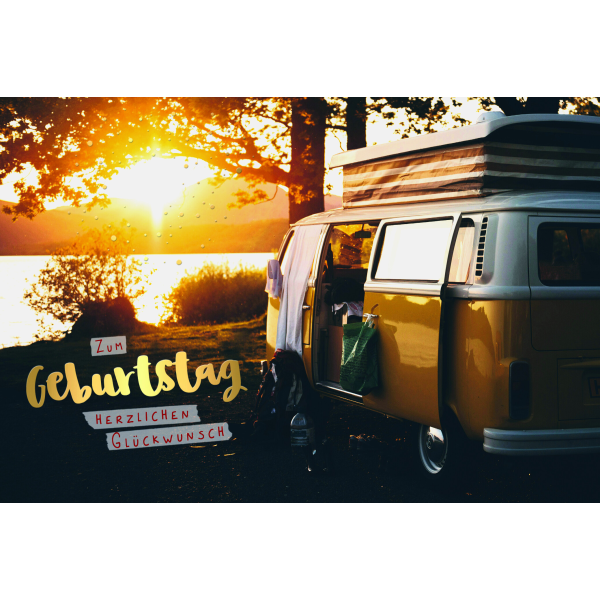 Geburtstag  Karte mit Briefumschlag Bus, Camper im Sonnenaufgang