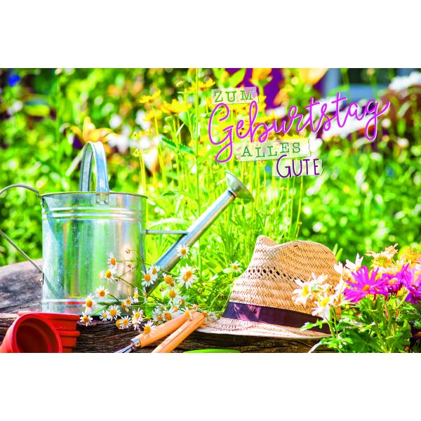Geburtstag  Karte mit Briefumschlag Gießkanne, Strohhut, Garten