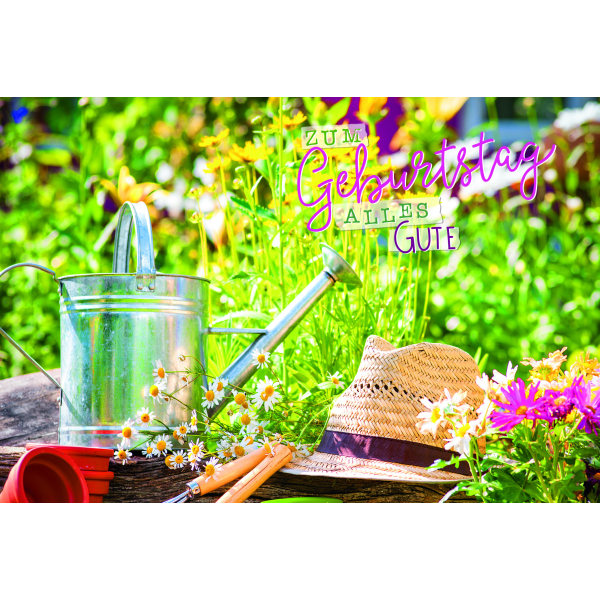 Geburtstag  Karte mit Briefumschlag Gießkanne, Strohhut, Garten