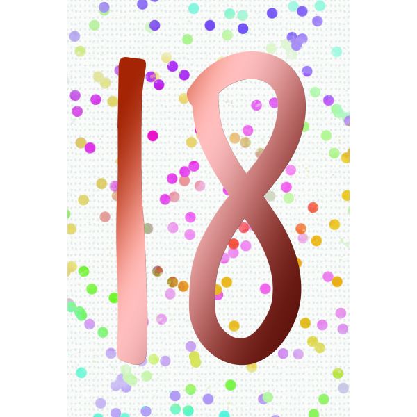 18. Geburtstag  Karte mit Briefumschlag bunte Punkte, roségoldene Metallicfolie