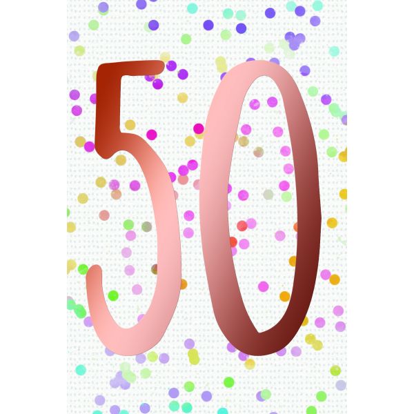 50. Geburtstag  Karte mit Briefumschlag bunte Punkte, roségoldene Metallicfolie